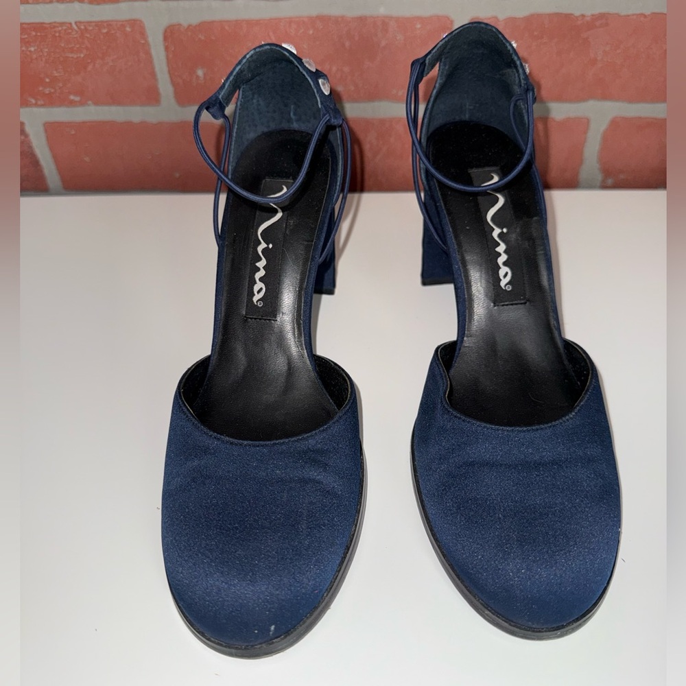 Mia Satin Navy Blue Rhinestone Heels